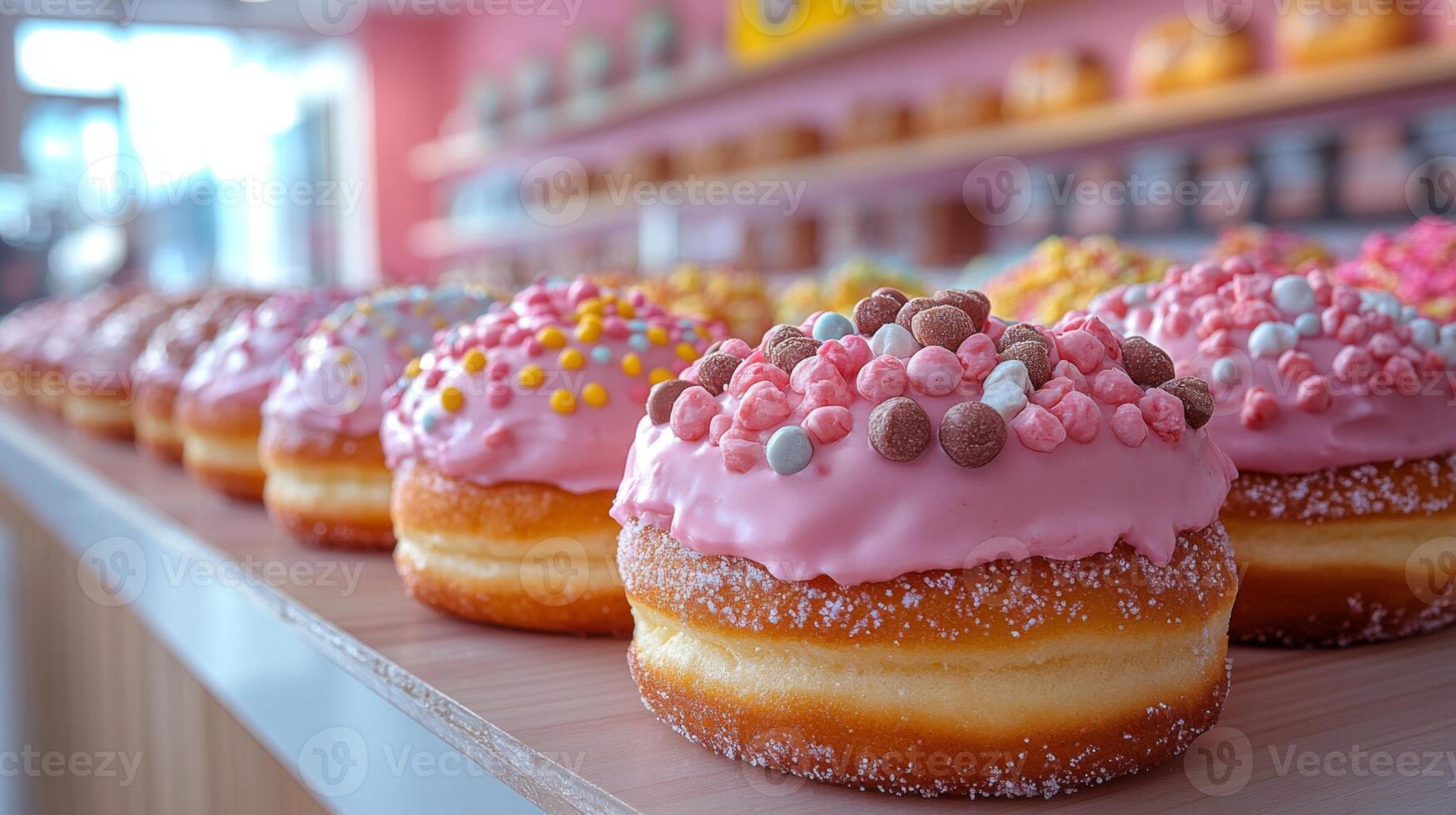 Vibrant and delicious donuts with pink frosting and a variety of colorful sprinkles sit on a wooden counter in a contemporary bakery. The cheerful atmosphere invites sweet indulgence. photo