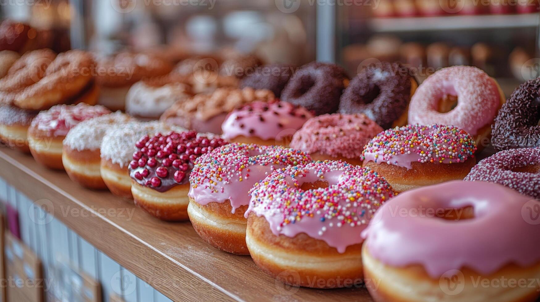 A tempting assortment of donuts featuring vibrant icing and toppings is arranged neatly on a wooden display in a bakery. Sunlight illuminates the fresh pastries. photo