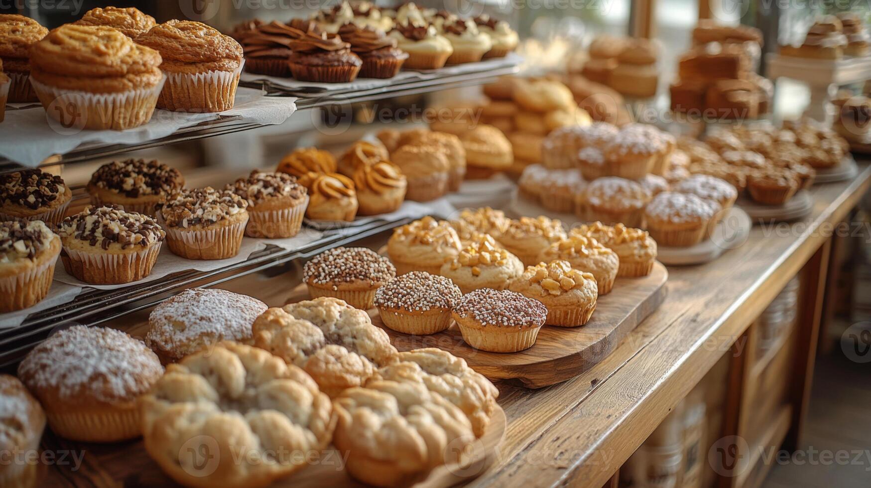 Freshly baked muffins, pastries, and cupcakes are beautifully arranged on wooden tables in a warm, inviting bakery. The aroma fills the air, enticing visitors. photo