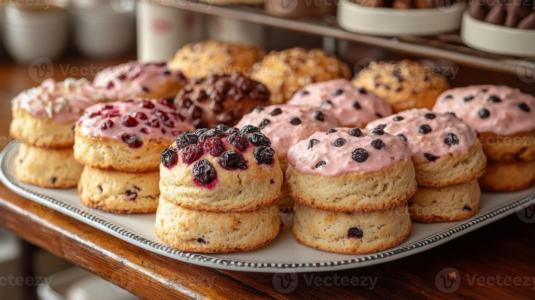 A tempting array of freshly baked scones is beautifully arranged on a plate, showcasing a mix of flavors with colorful toppings in a warm bakery atmosphere. photo