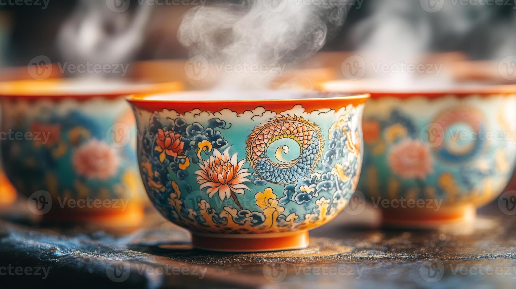 Vibrant teacups adorned with intricate designs sit on a wooden surface, releasing steam as a serene tea ceremony unfolds in a calm environment. photo