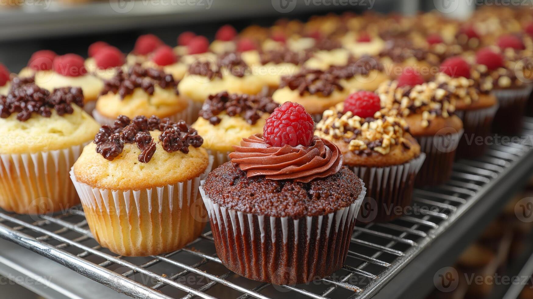 Cupcakes with diverse toppings sit neatly on wire racks in a bakery. The display features colorful options including chocolate, raspberry, and nuts, appealing to dessert lovers. photo