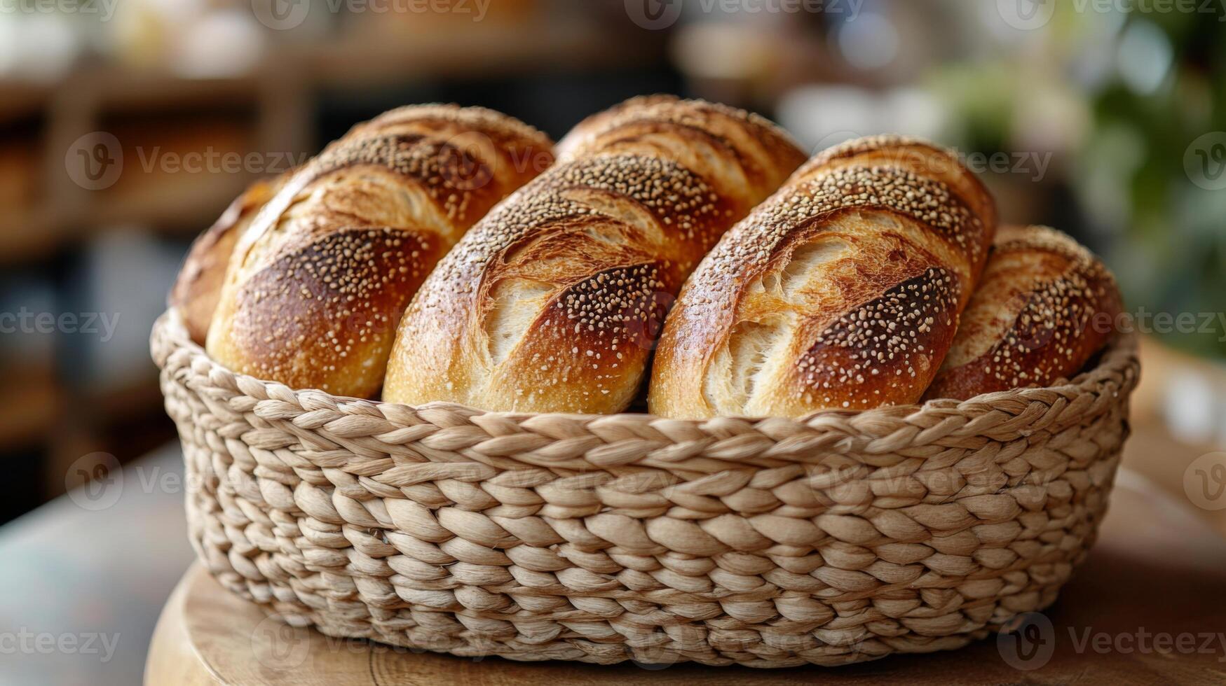 A woven basket filled with warm, golden-brown bread rolls sits on a wooden counter in a charming bakery. The rolls are crusty and sprinkled with sesame seeds. photo