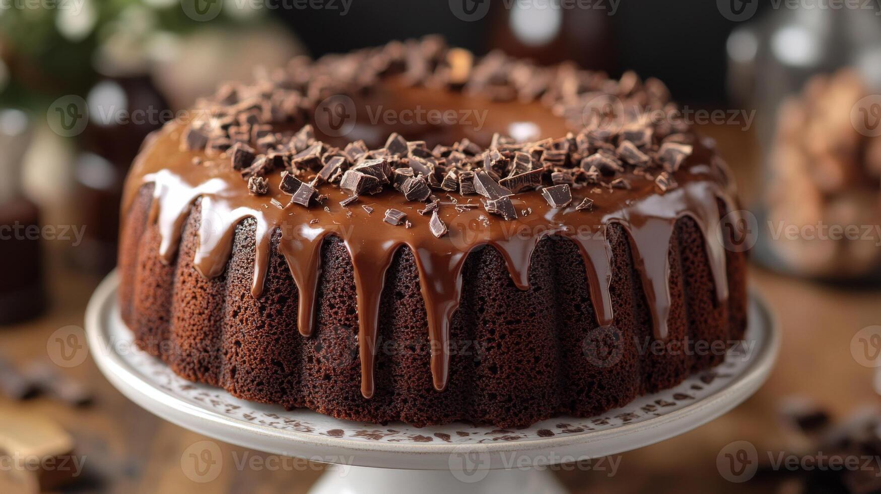 A rich chocolate cake sits elegantly on a decorative stand, adorned with chocolate shavings and a smooth chocolate glaze, creating an inviting dessert display. photo