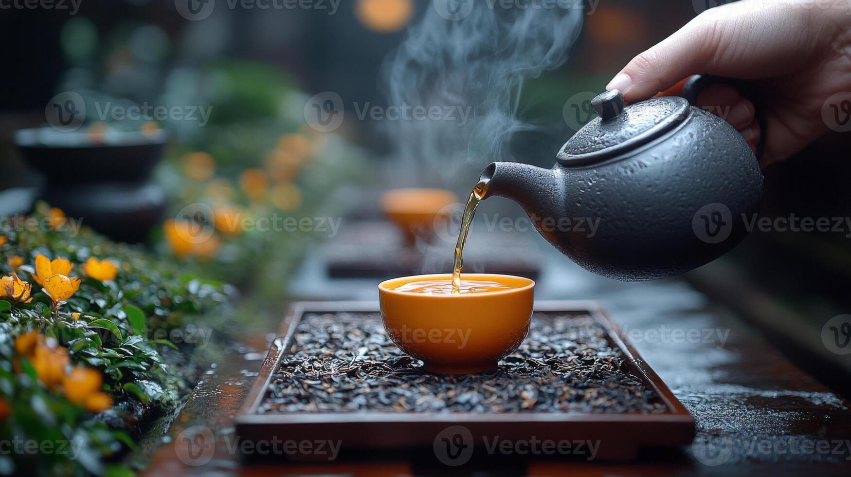 A delicate hand pours steaming tea from a dark pot into a vibrant orange cup. Surrounding greenery and flowers create a peaceful and aromatic experience. photo