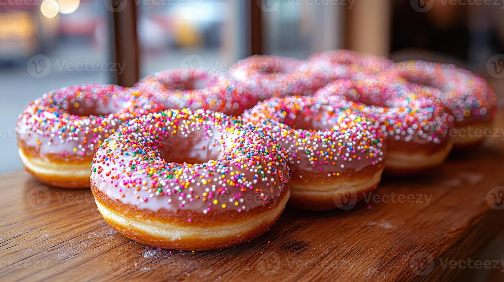 Freshly baked donuts with vibrant pink frosting and colorful sprinkles are arranged neatly on a wooden table. This inviting setup in a cozy cafe captures the essence of a delightful morning treat. photo