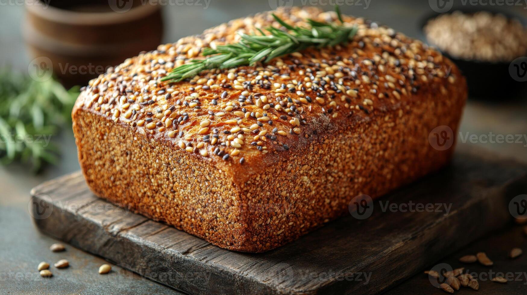 This loaf of sesame seed bread features a golden crust and a sprinkling of seeds. It is garnished with fresh rosemary and placed on a rustic wooden board. photo
