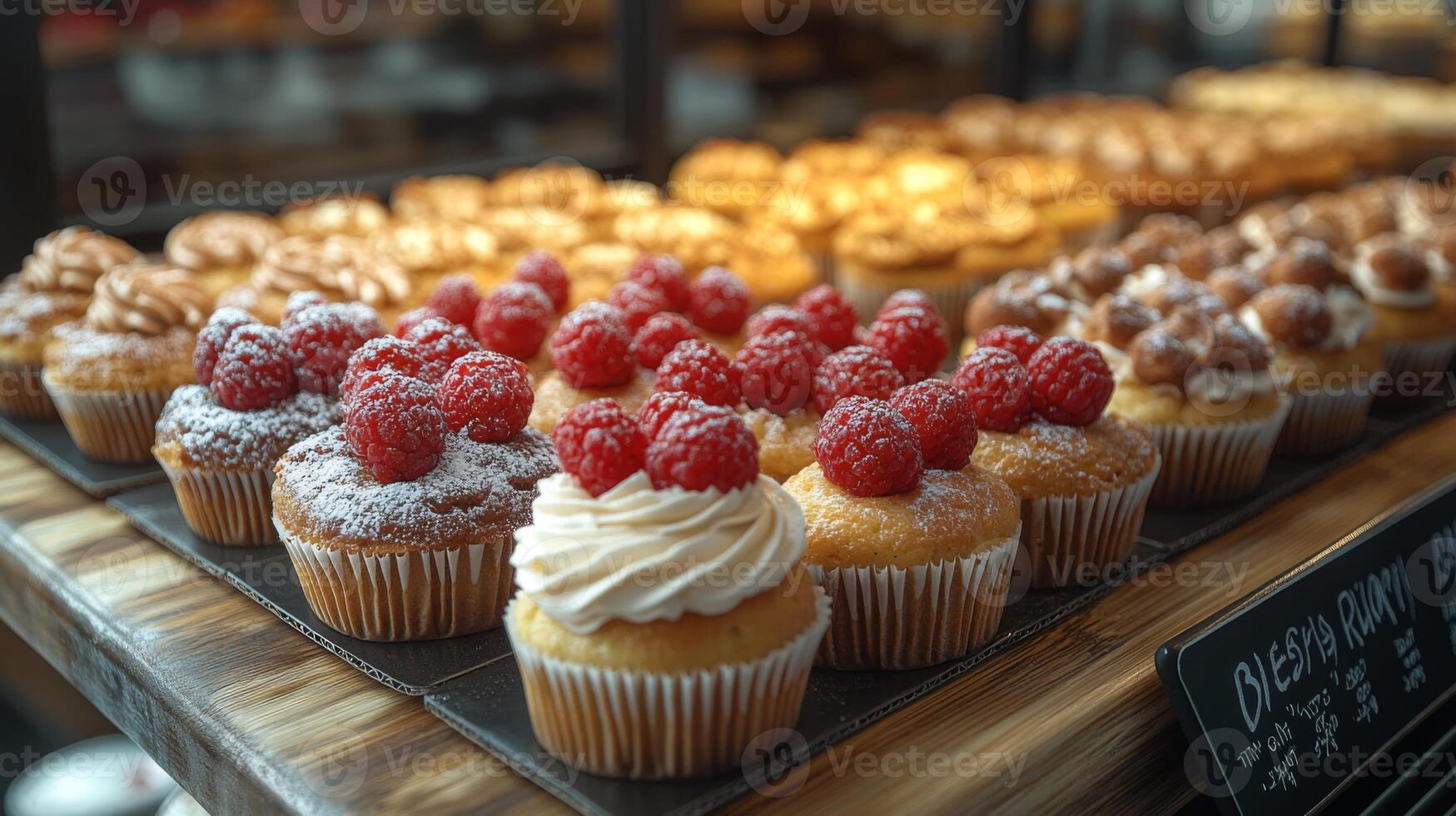 A well-arranged assortment of cupcakes sits on display in a bakery, featuring various flavors and toppings. Vibrant raspberry and creamy textures attract customers. photo