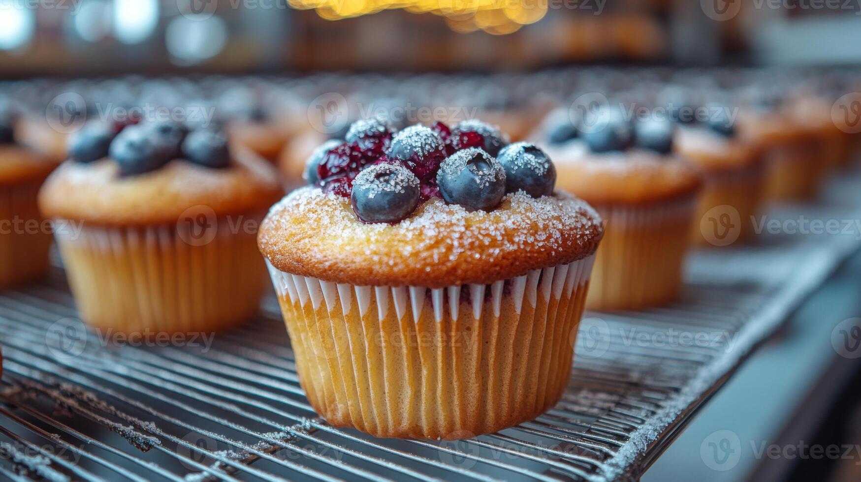 Freshly baked cupcakes topped with blueberries and raspberries rest on a cooling rack. The warm, inviting bakery atmosphere is filled with sweet aromas. photo