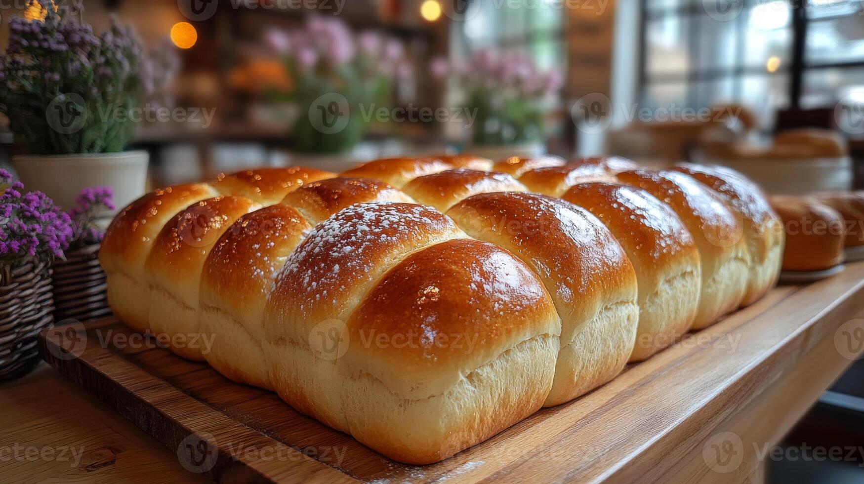 Soft, golden-brown bread rolls are arranged neatly on a wooden board. The bakery's warm interior features flowers and a welcoming atmosphere. photo