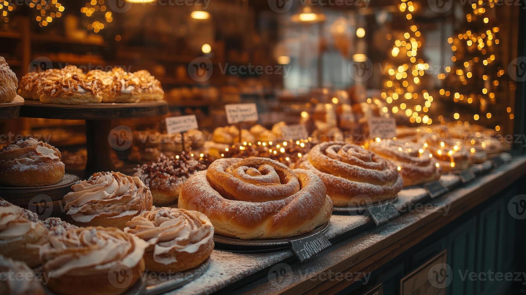A charming bakery glows softly at dusk, highlighting a beautiful selection of pastries, rolls, and desserts adorned with fairy lights, inviting passersby to indulge. photo
