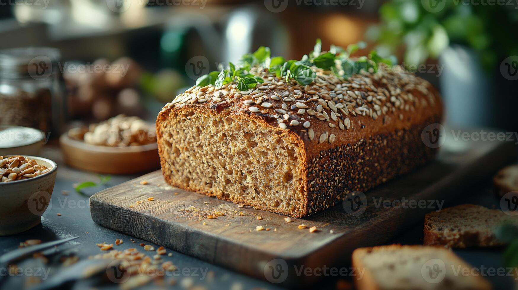 A loaf of whole grain bread sits on a wooden cutting board, adorned with seeds and fresh herbs. The warm kitchen background highlights a welcoming atmosphere, perfect for baking. photo