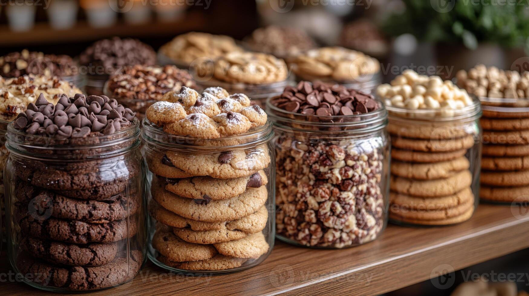 Different types of cookies are neatly arranged in glass jars on a wooden shelf, showcasing a delightful assortment including chocolate chips, nuts, and caramel. photo