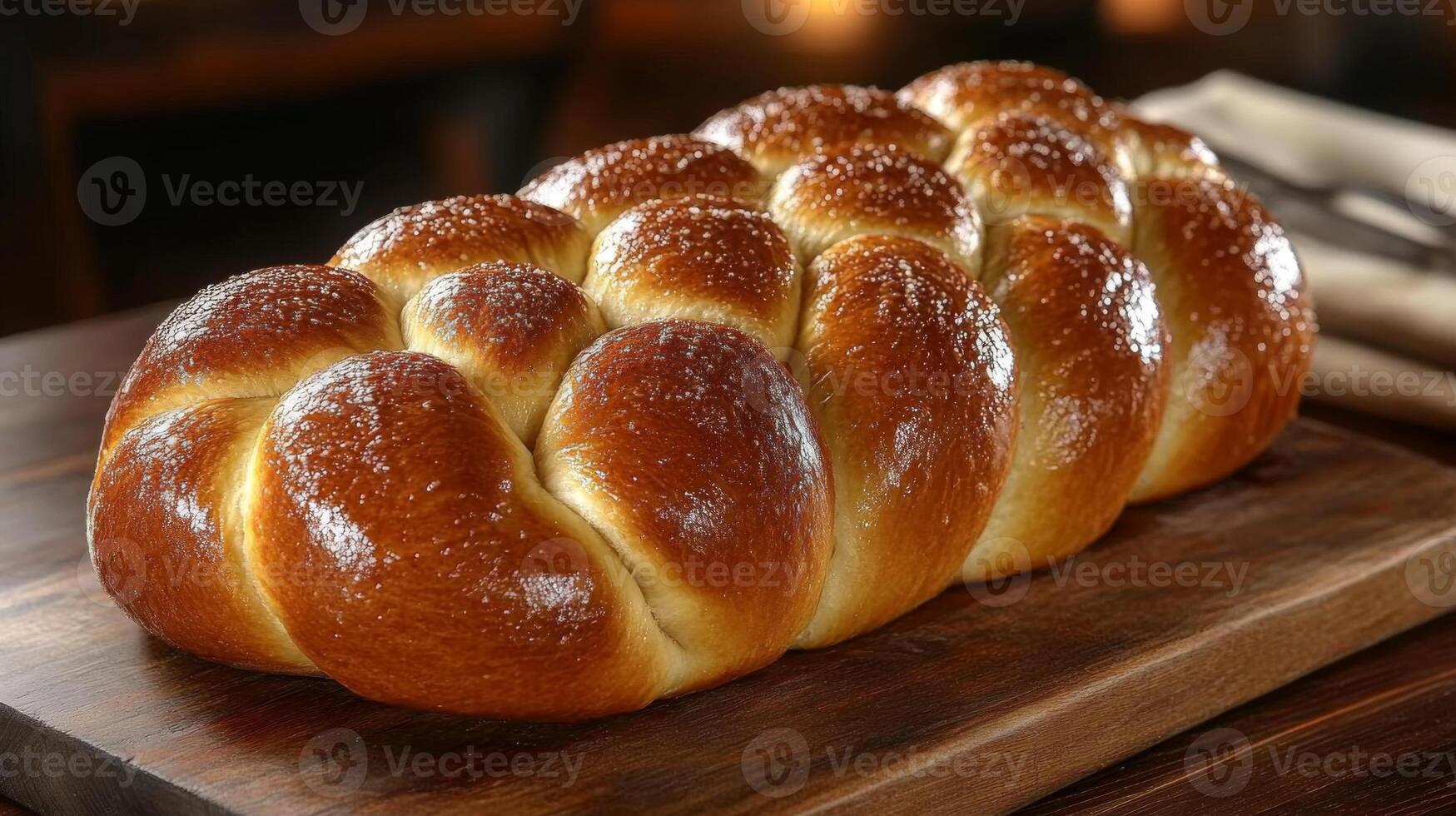 Soft and golden challah bread is expertly braided and placed on a wooden cutting board. The warm kitchen ambiance enhances its inviting appearance in the early morning light. photo