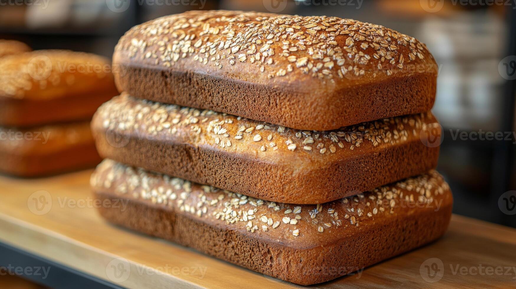 Three golden-brown loaves of bread topped with oats are stacked neatly on a wooden shelf in a bakery. The inviting environment emphasizes the fresh aroma of baked goods. photo