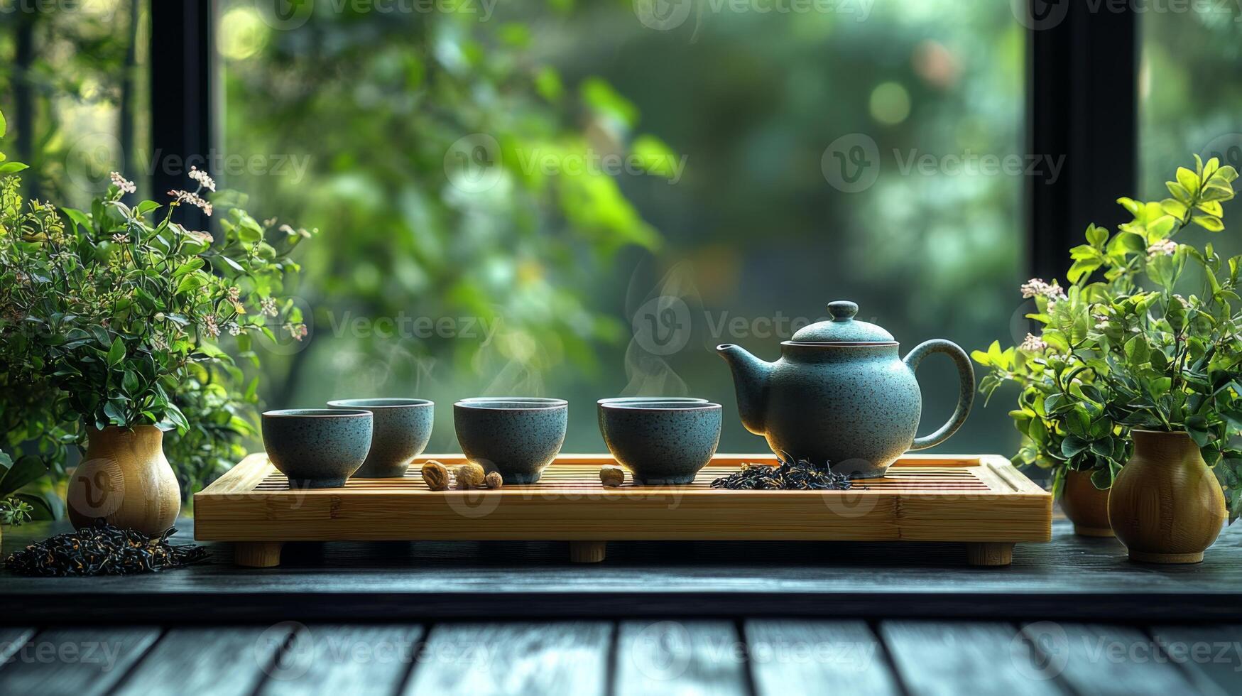 A charming tea set with steaming cups sits on a wooden tray surrounded by herbs, creating a peaceful atmosphere perfect for relaxation and mindfulness. photo