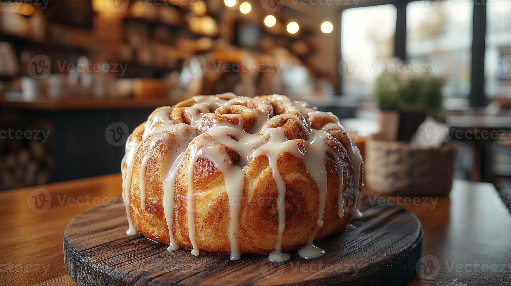 A beautiful cinnamon roll cake topped with icing sits on a wooden platter inside a warm and inviting cafe. The soft glow of lights enhances the atmosphere, perfect for relaxation. photo
