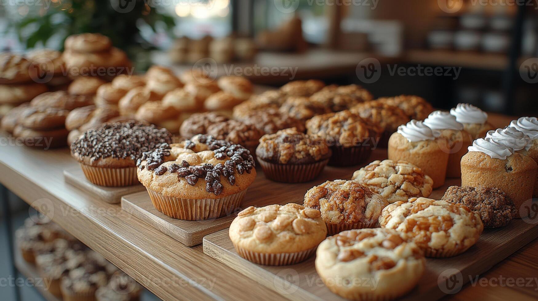 A variety of muffins and pastries are arranged neatly on wooden shelves in a charming bakery. The soft morning light highlights the delicious treats, creating an inviting atmosphere. photo