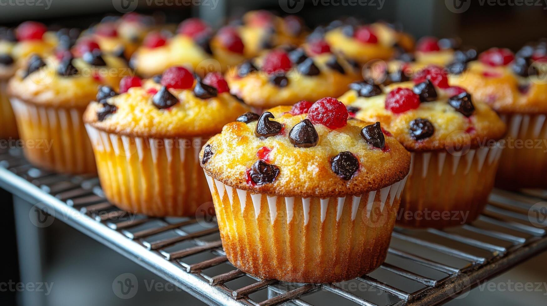 A batch of muffins is cooling on a wire rack, decorated with colorful berries. The warm kitchen setting enhances the inviting atmosphere, suggesting a homemade treat. photo