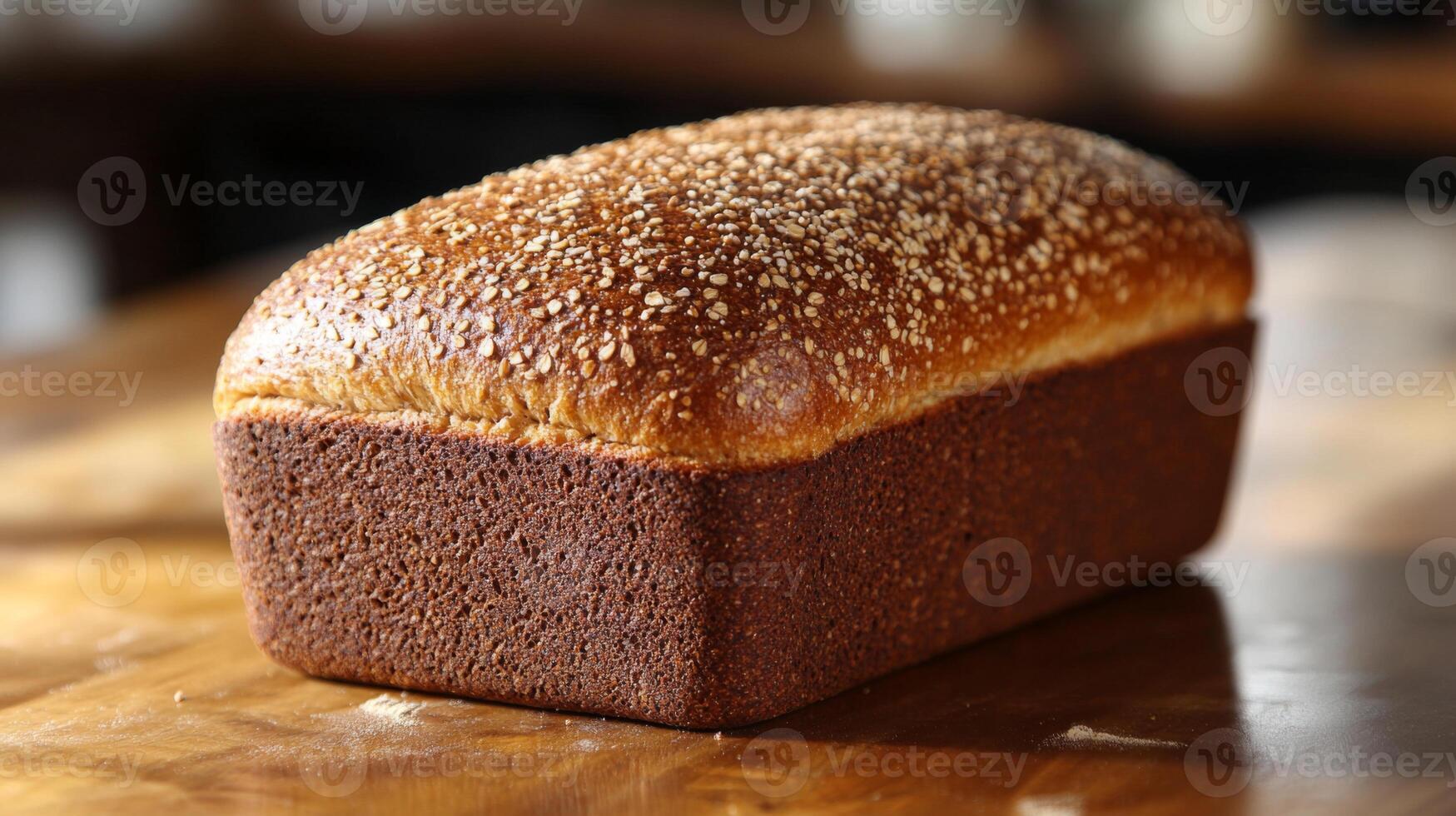 A freshly baked bread loaf sits on a wooden table, showcasing its golden brown crust and sesame seed topping. The warm lighting accentuates its inviting appearance. photo