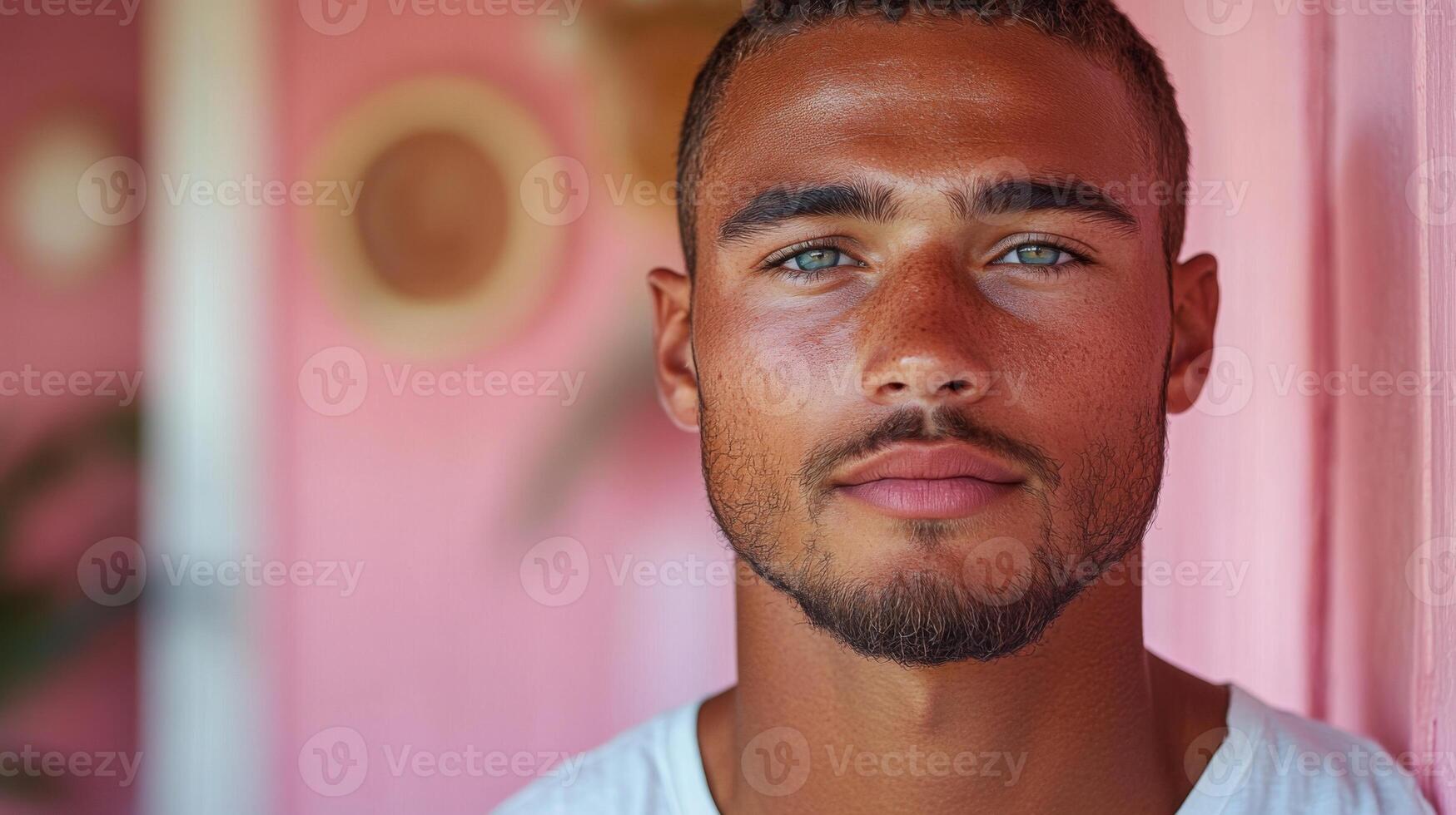 A young man stands confidently in front of a vibrant pink wall. His striking blue eyes and well-groomed beard enhance his relaxed appearance, capturing a moment of casual elegance. photo