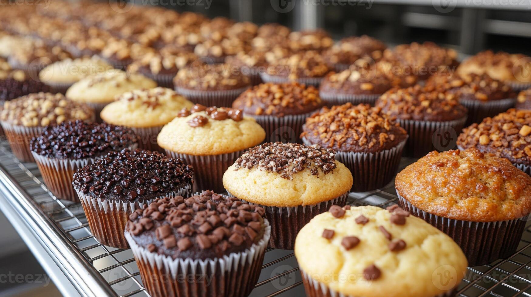 A variety of cupcakes are neatly arranged on a cooling rack in a bakery. The colorful treats feature diverse toppings such as nuts and chocolate chips, showcasing a tempting selection. photo