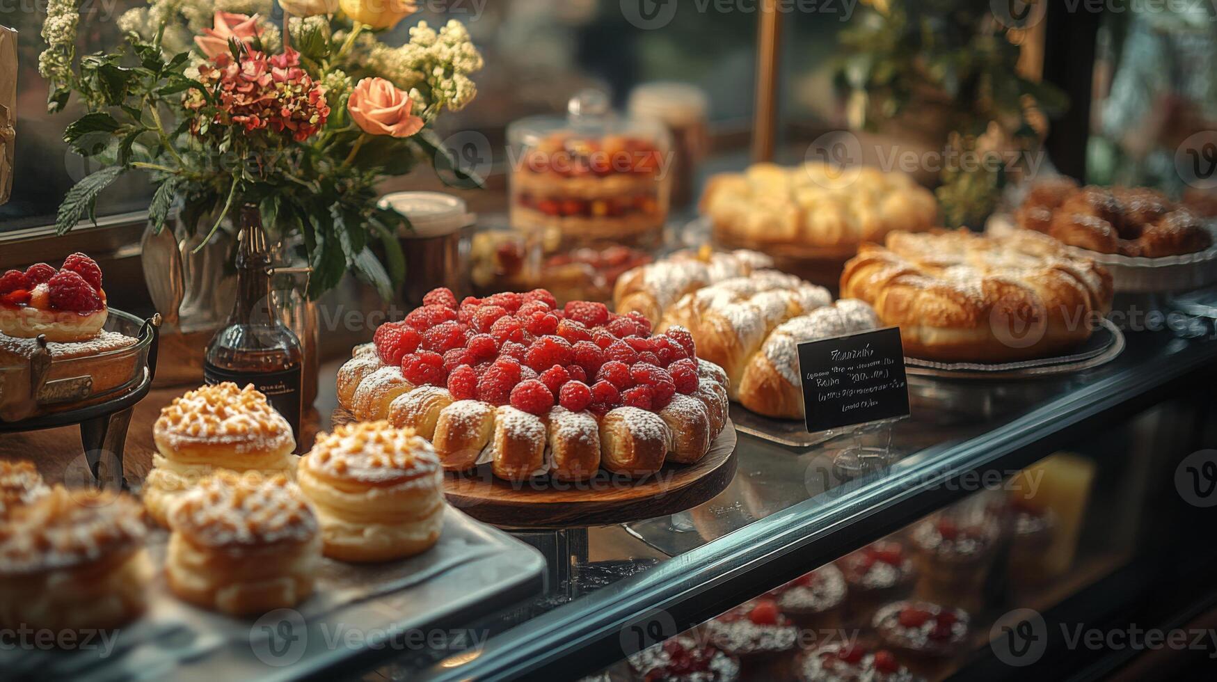 An inviting bakery showcases a variety of pastries, including raspberry tarts and cream-filled treats. Fresh flowers add elegance to the display, creating a warm atmosphere. photo