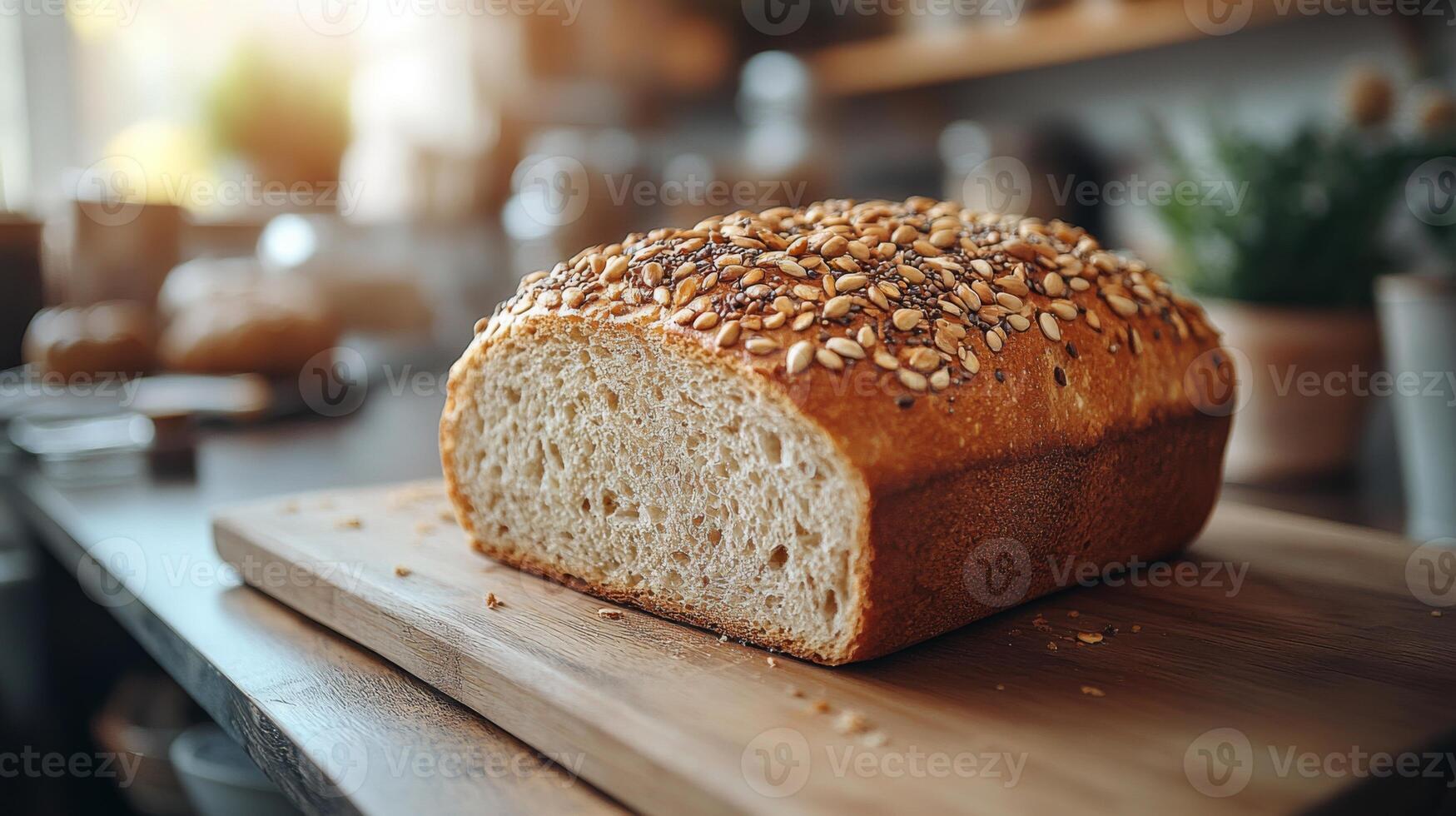 A golden-brown loaf of bread sprinkled with oats is sliced and placed on a wooden board. The warm kitchen ambiance is enhanced by soft morning sunlight streaming in. photo