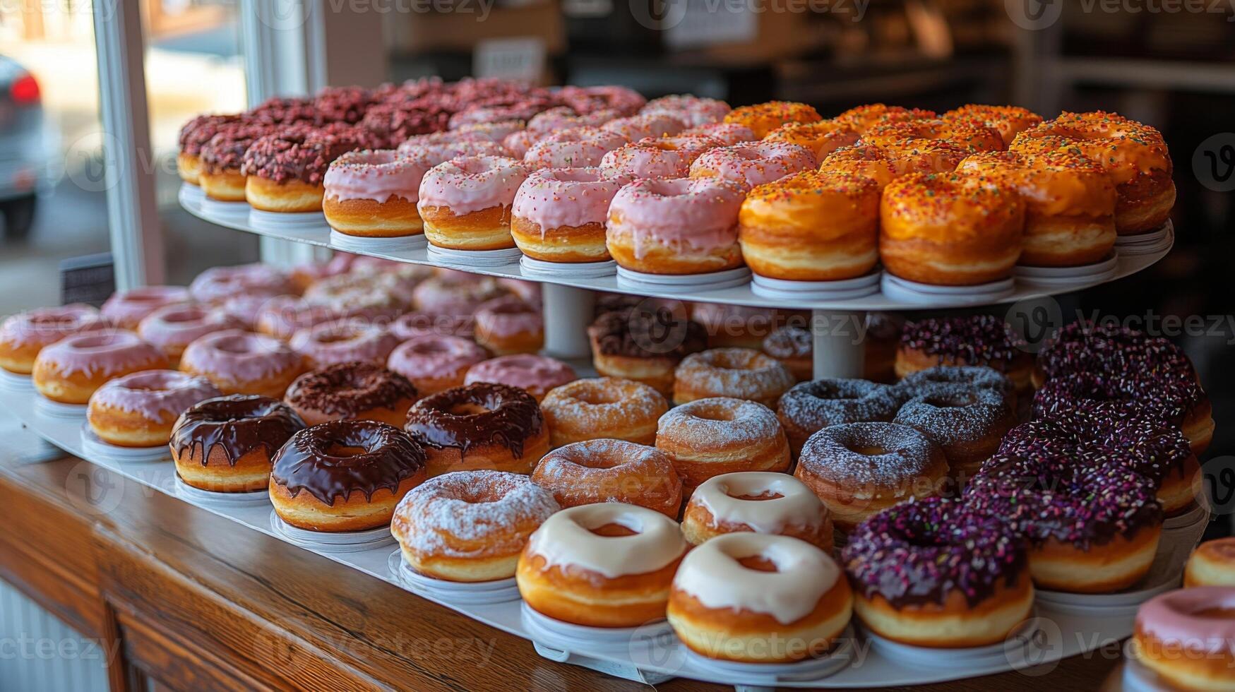 A vibrant display of assorted doughnuts is arranged on a tiered stand, showcasing various flavors and toppings in a welcoming bakery setting. photo