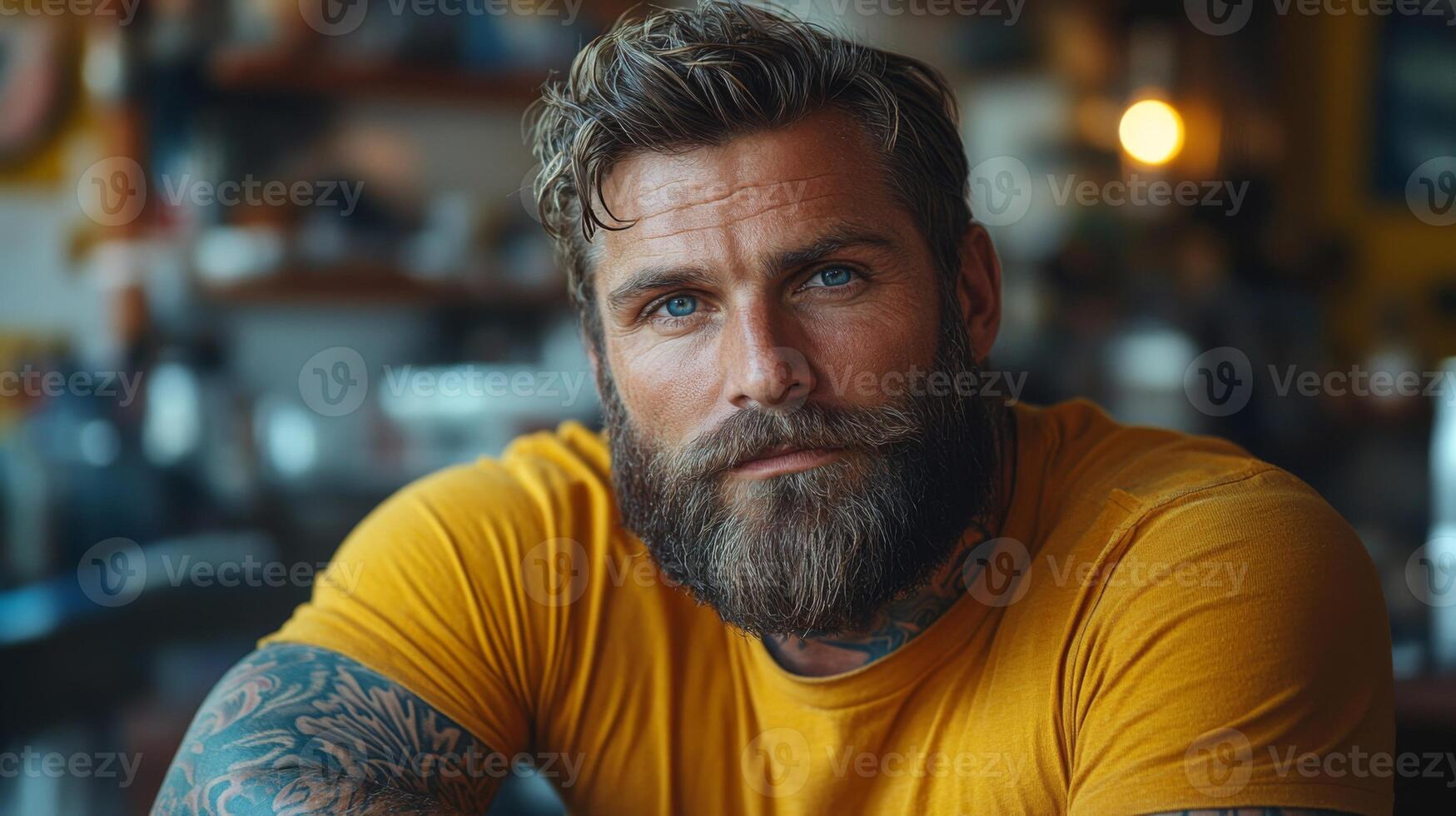 A man with striking blue eyes, a full beard, and visible tattoos leans against a table in a lively cafe. The warm lighting creates an inviting atmosphere, highlighting his features. photo
