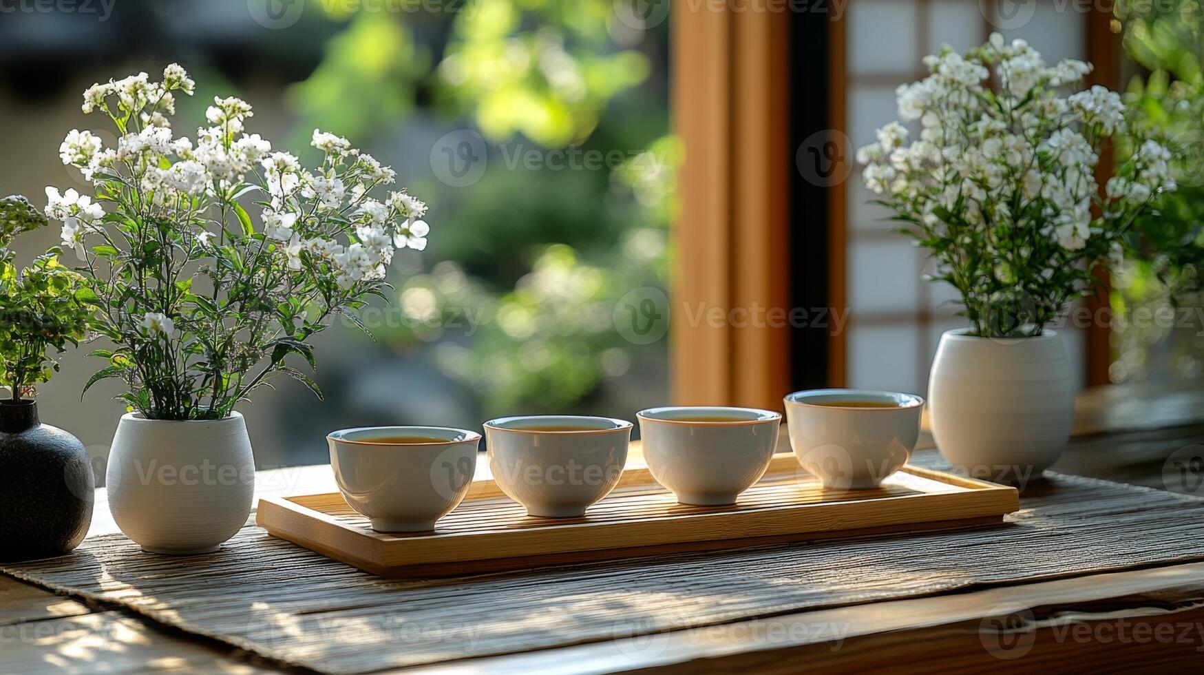Five elegant tea cups neatly placed on a wooden tray, beside delicate white flowers in ceramic vases create a tranquil atmosphere in a bright and inviting room. photo