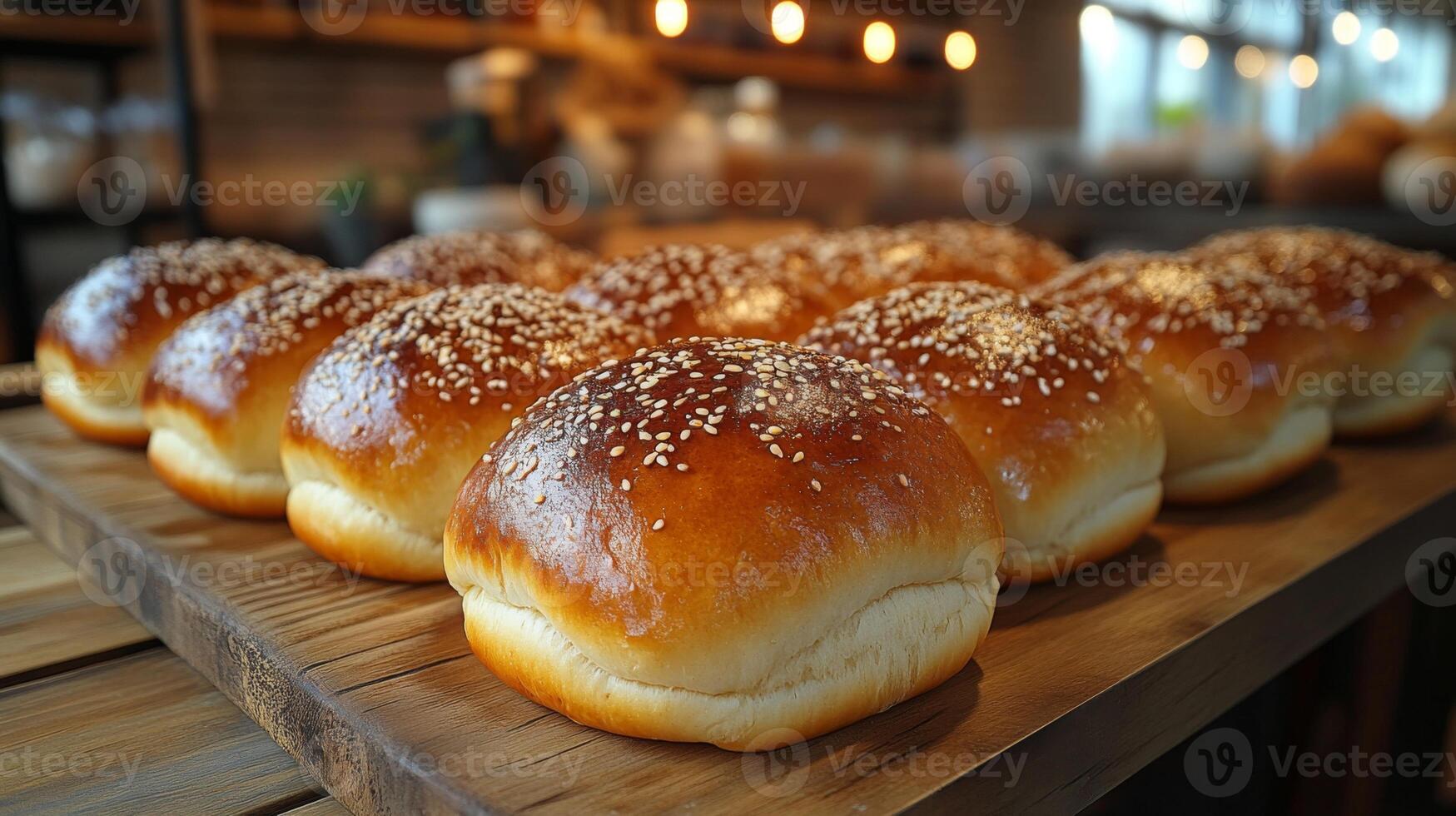 A display of golden-brown sesame buns resting on a wooden board highlights their fluffy texture. Soft morning light filters into a cozy bakery, enhancing the inviting atmosphere. photo