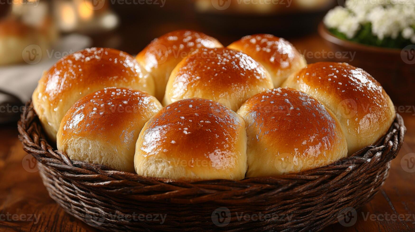 A warm basket filled with freshly baked dinner rolls highlights their golden brown tops and a sprinkle of coarse salt. Ideal for complementing any meal, these rolls look inviting and delicious. photo