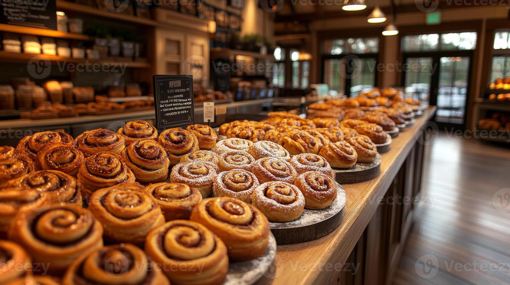 A variety of cinnamon rolls with different toppings are displayed on wooden counters. The warm light fills the cozy bakery, inviting customers to indulge in freshly baked goods. photo