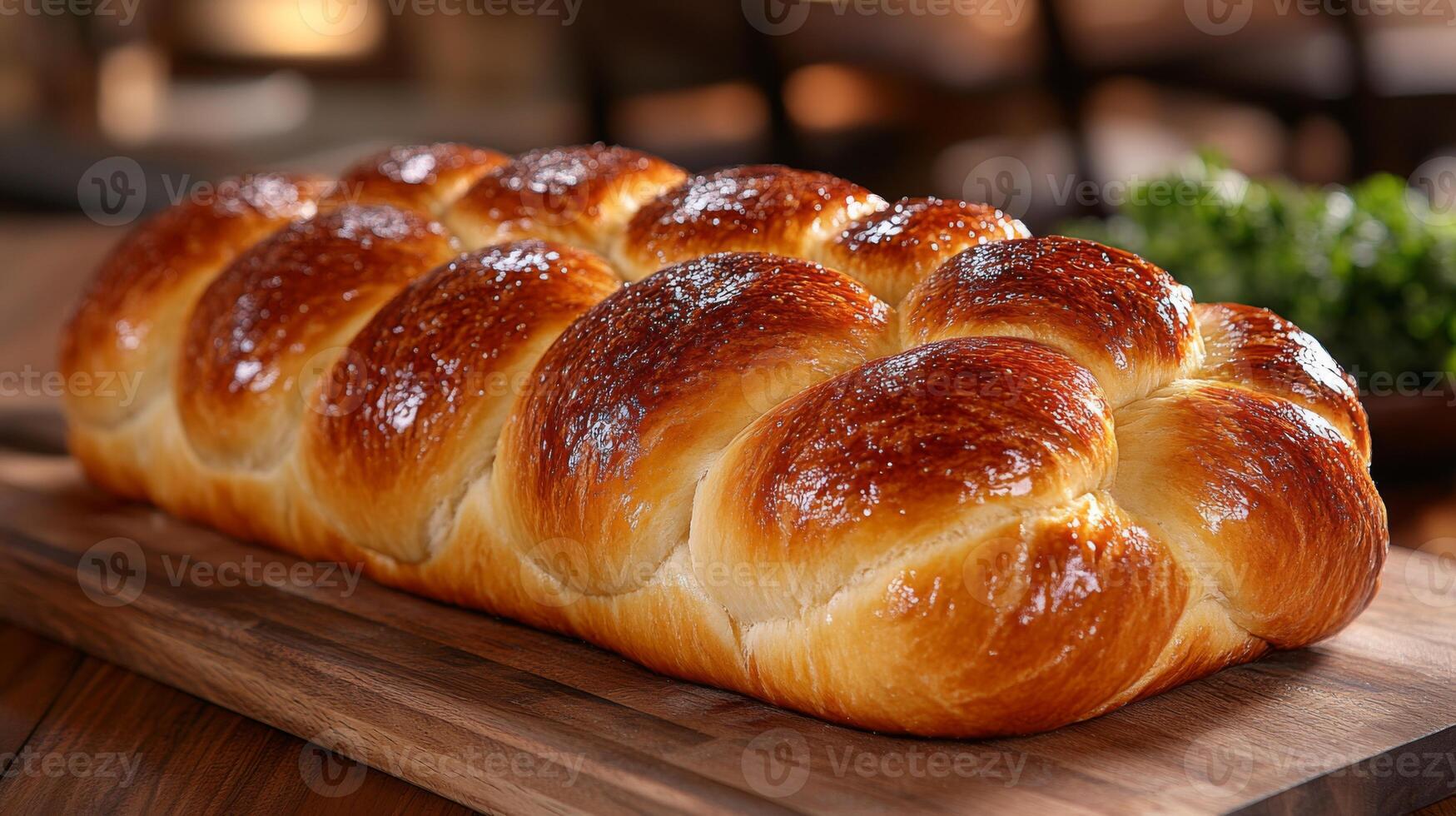 A beautifully braided loaf of challah bread rests on a wooden cutting board, showcasing its glossy, golden crust and fluffy interior in a warm kitchen environment. photo