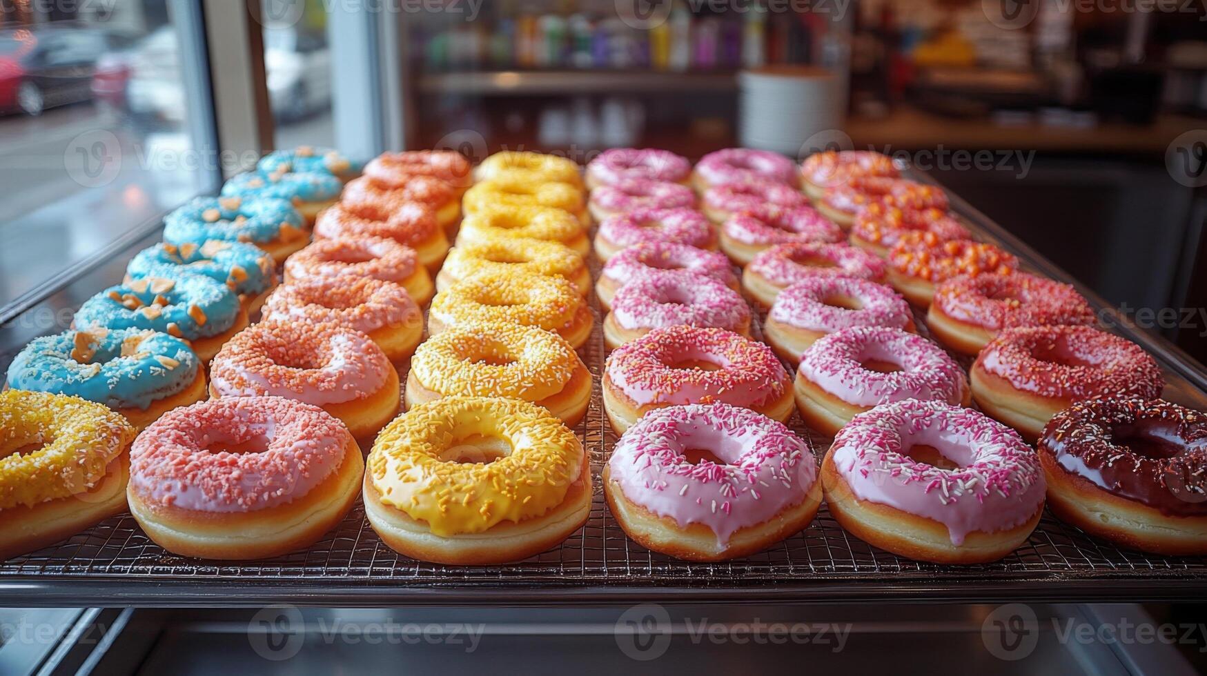 A variety of donuts in bright colors showcases a tempting selection. The bakery is filled with warm light as patrons pass by outside, enhancing the inviting atmosphere. photo