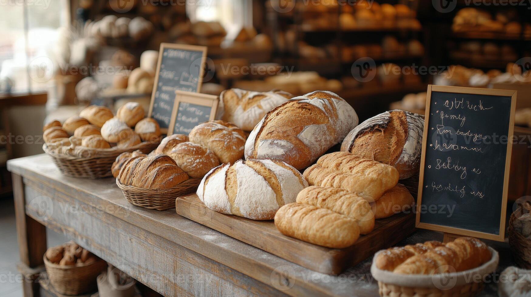 A charming bakery showcases a variety of freshly baked bread on a rustic wooden table. The warm atmosphere invites customers to explore various loaves and rolls. photo