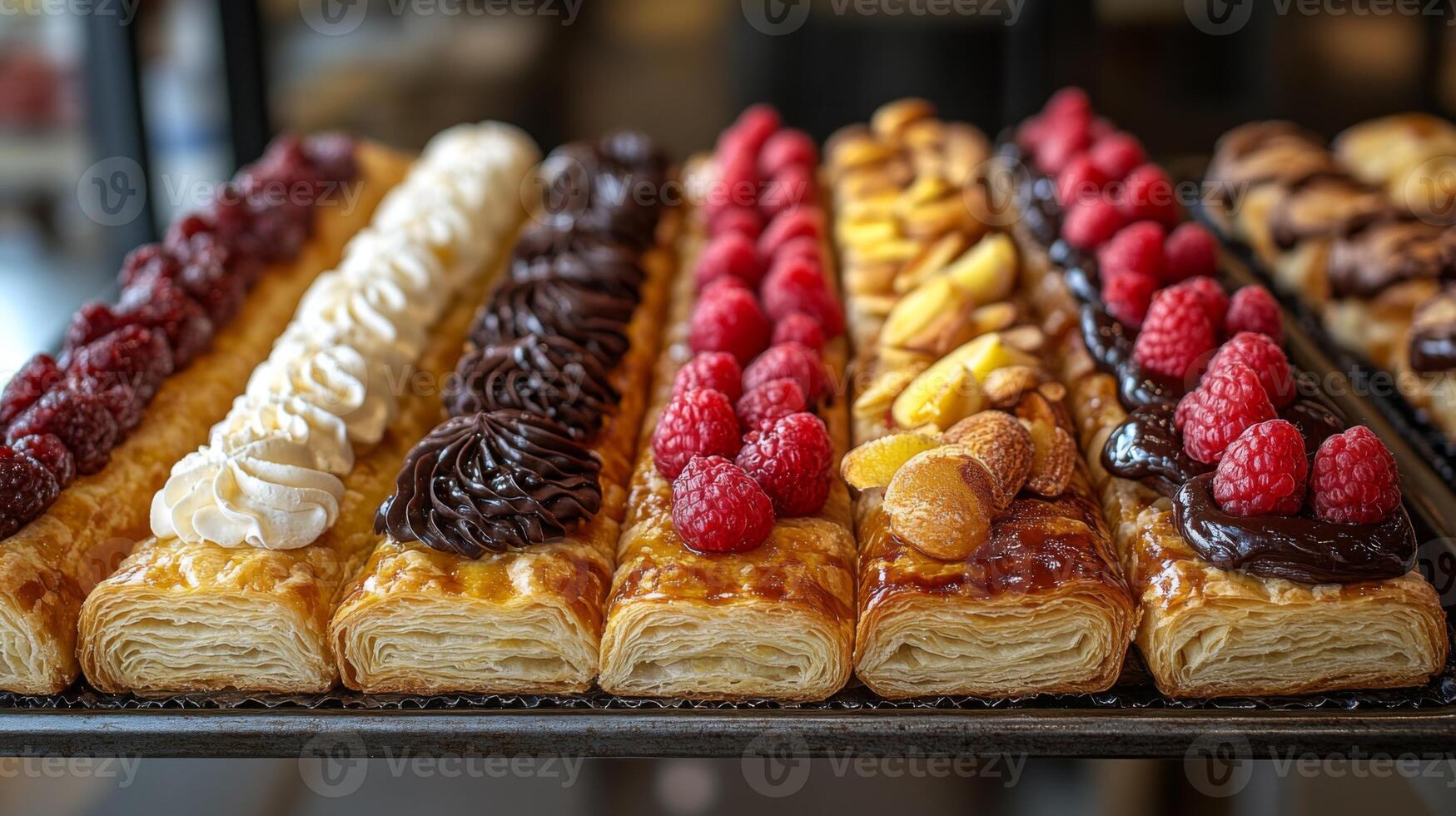 Freshly baked pastries lined up in a bakery showcase. Each pastry topped with cream, chocolate, fruits, and berries, inviting sweet lovers to indulge. photo