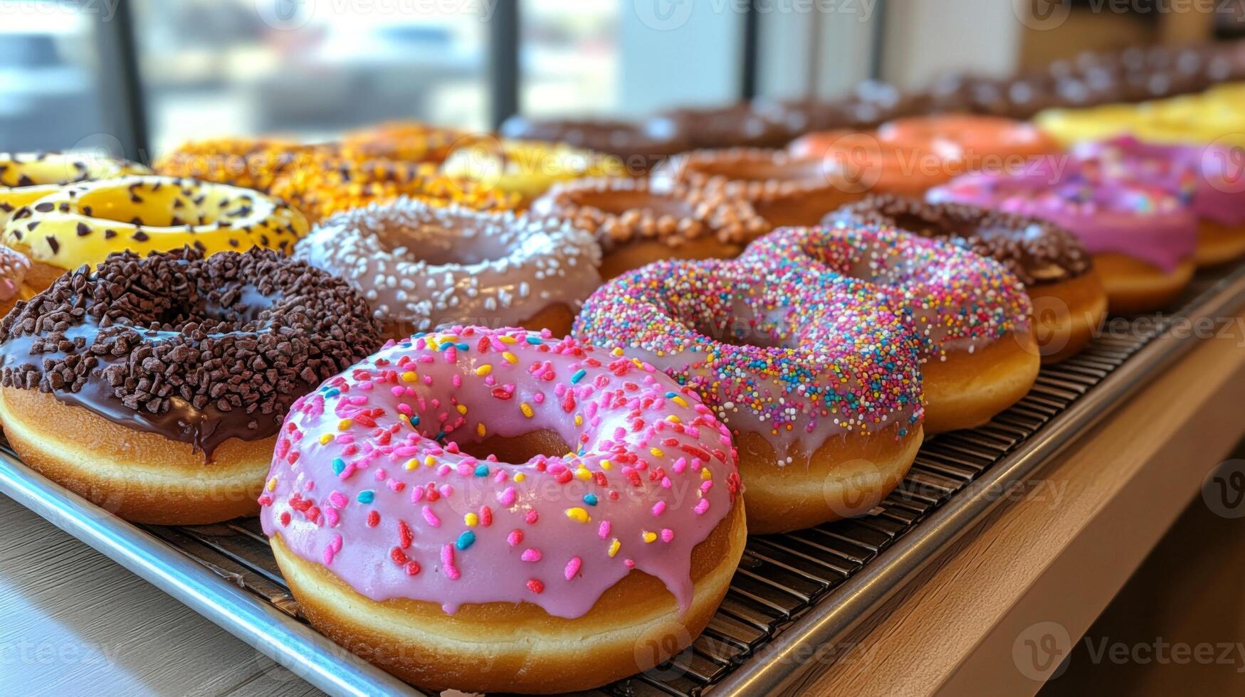 A vibrant selection of donuts, including chocolate, glazed, and colorful sprinkles, is neatly arranged on a tray in a cheerful bakery. Sunlight pours in through the windows, highlighting the treats. photo
