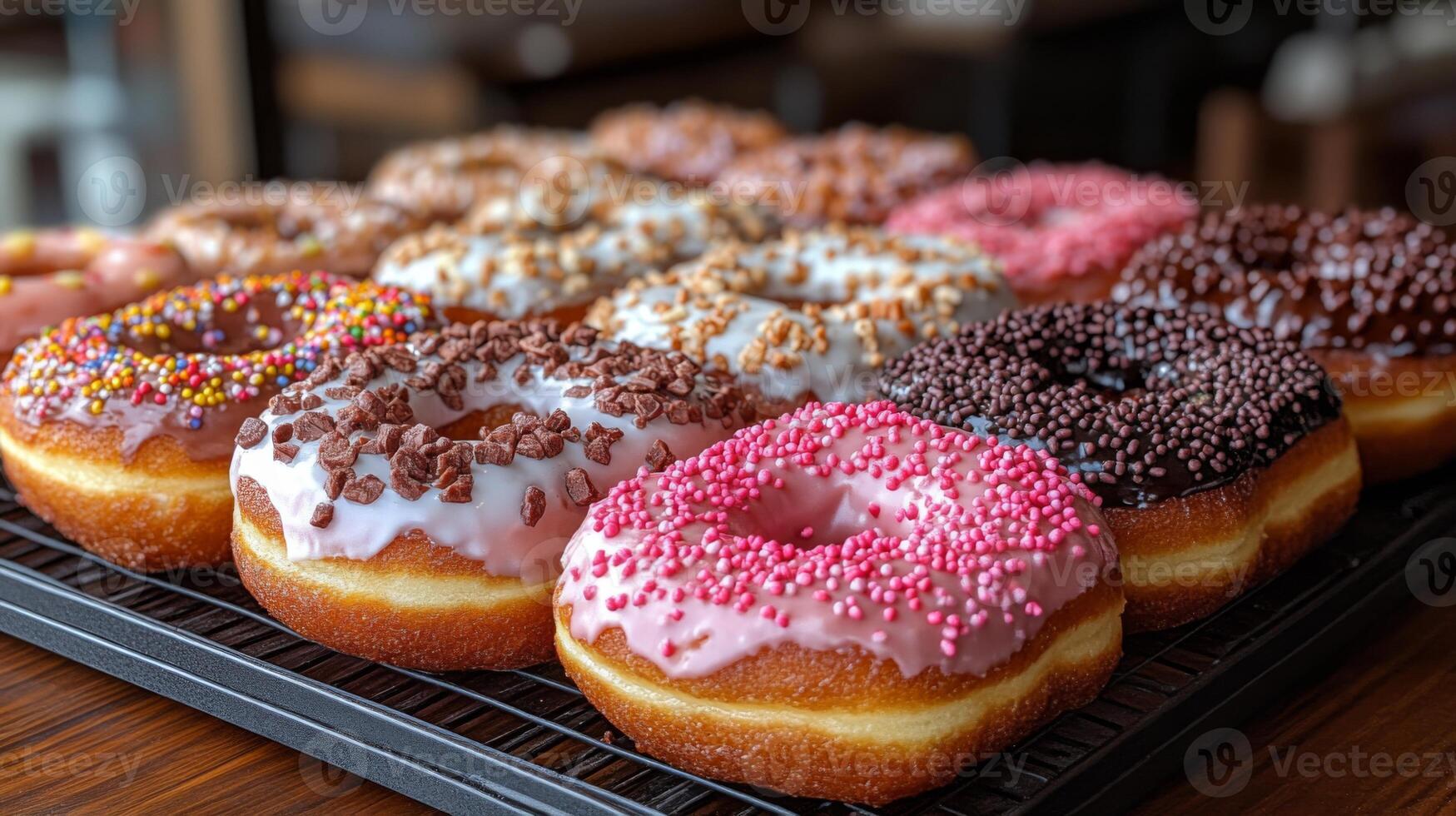 Various donuts topped with colorful icing and sprinkles are arranged on a tray. The cozy atmosphere of the cafe enhances the tempting display of sweet treats. photo