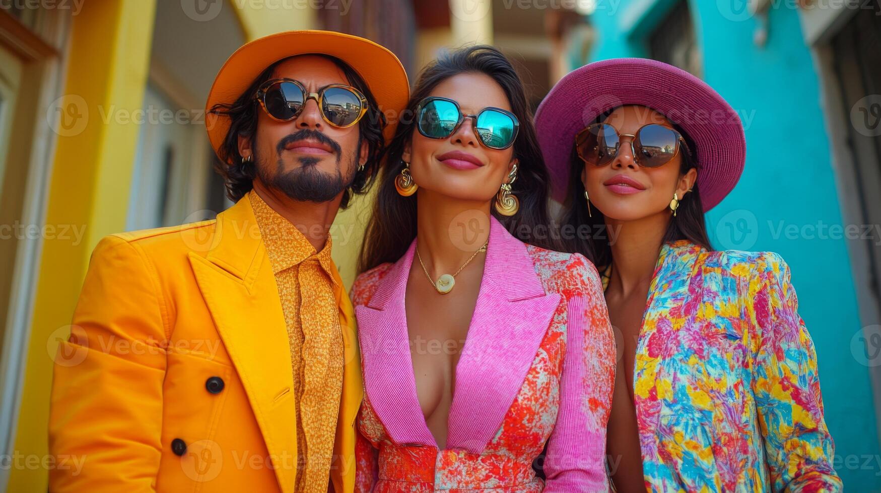 Three friends showcase their stylish outfits in bold colors while enjoying a sunny day outdoors. The vibrant backdrop enhances their fashionable looks and cheerful atmosphere. photo