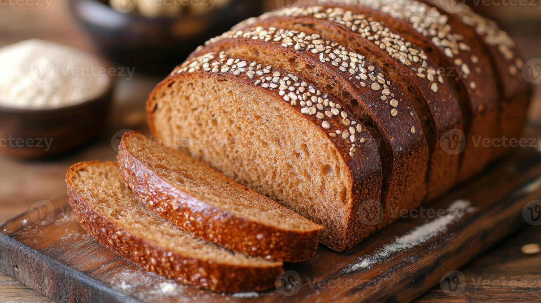 A loaf of whole grain bread sits on a wooden board, sliced into several pieces. The top is adorned with oats, showcasing its freshly baked texture and color. photo