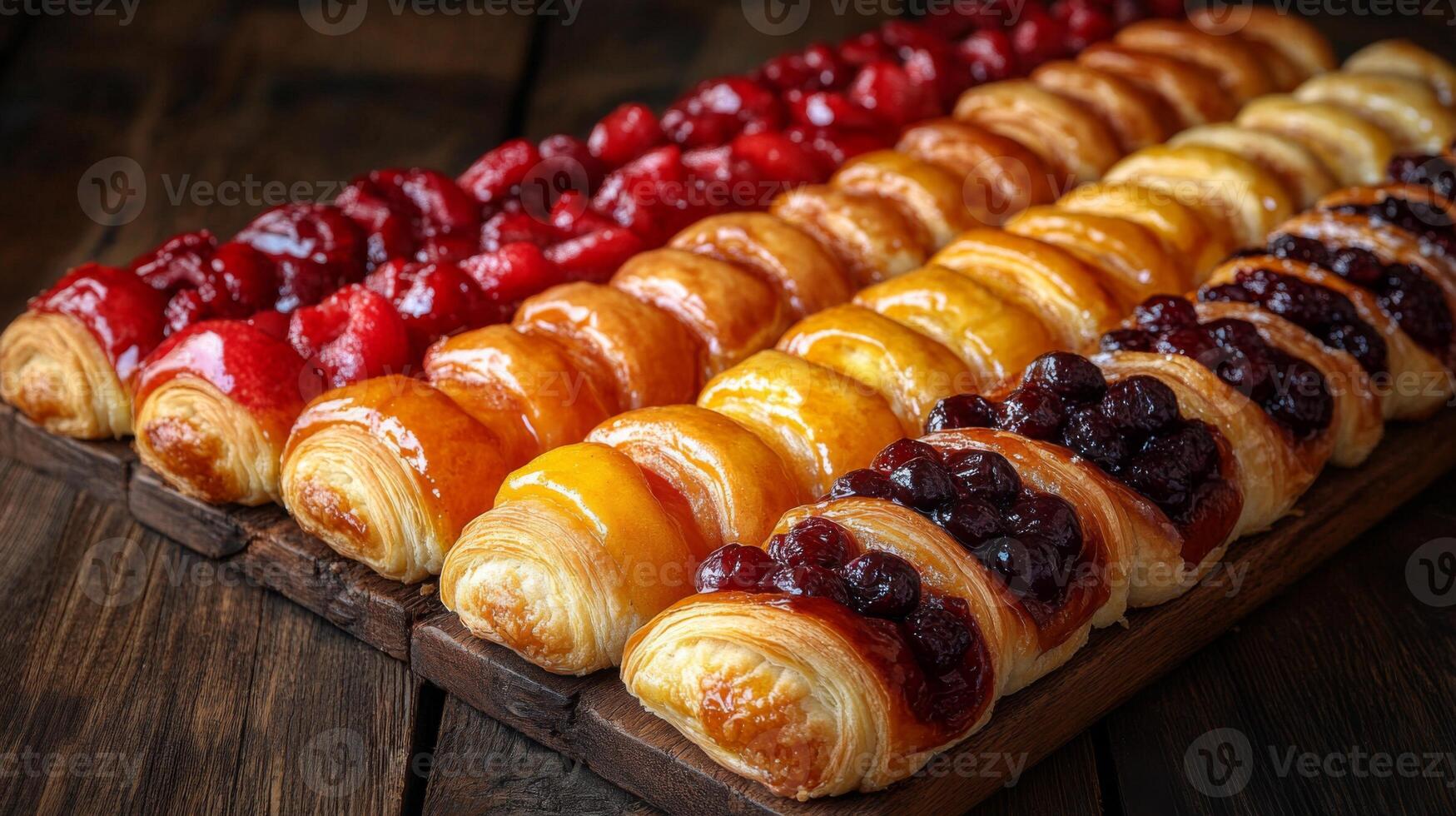 A display of assorted fruit pastries is arranged on a wooden tray. The vibrant colors of cherry, apricot, and blueberry toppings attract attention in this warm bakery atmosphere. photo