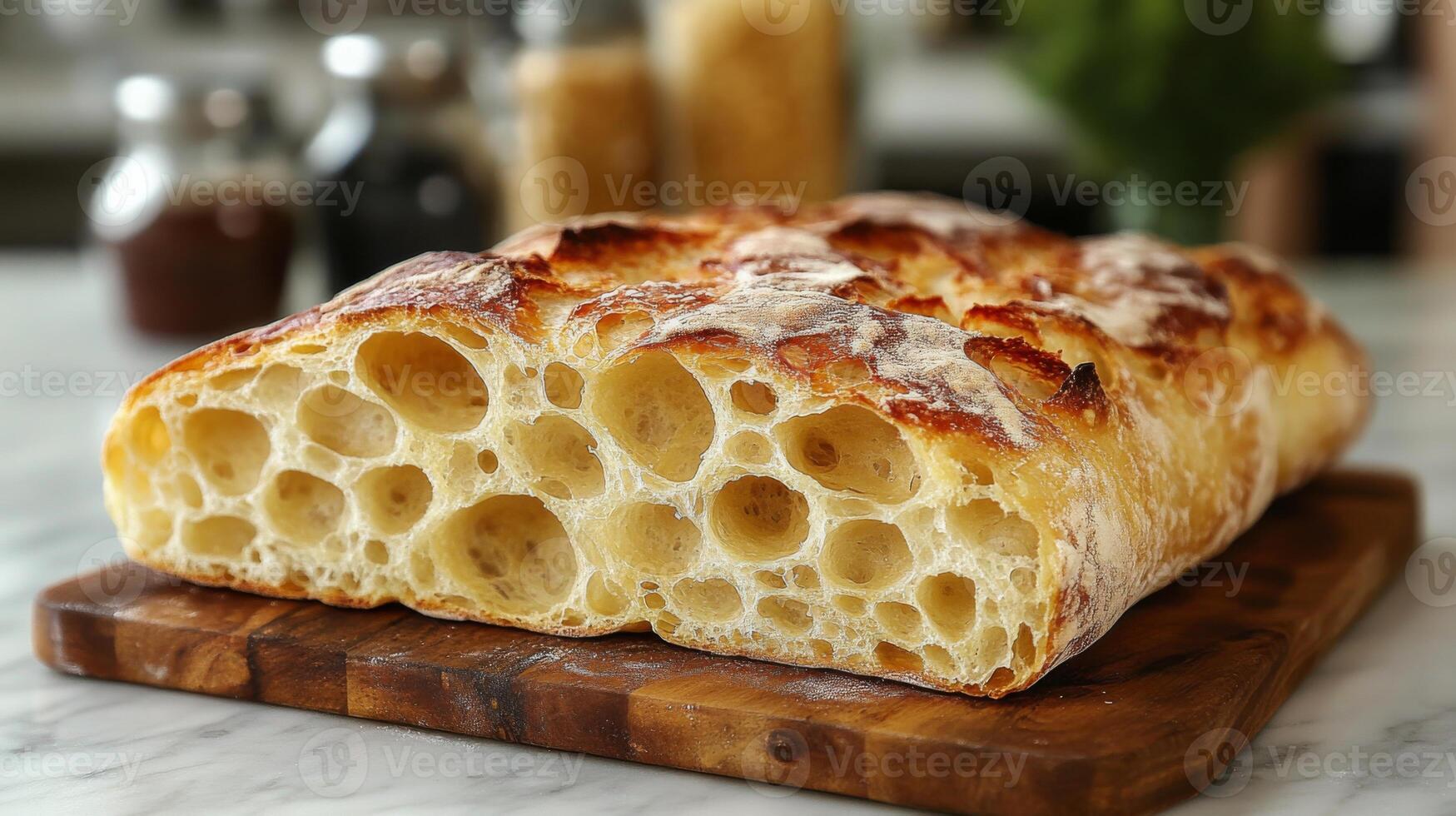 A warm loaf of artisan bread sits on a wooden cutting board, featuring a golden crust and airy crumb. Ingredients and jars are visible in the background of a well-lit kitchen. photo