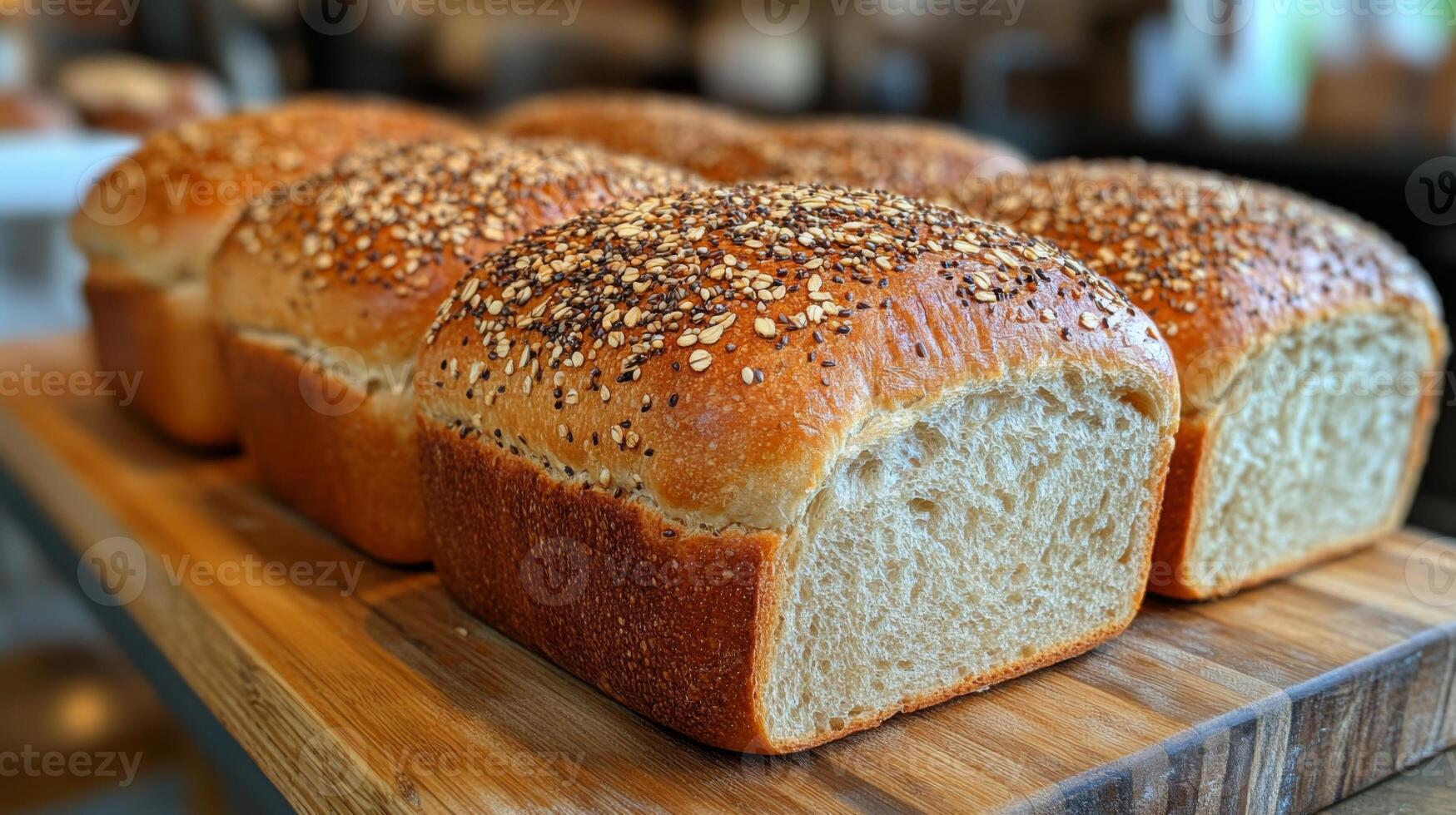 Soft bread loaves topped with sesame seeds are neatly arranged on a wooden board. The warm light fills the bakery, creating a welcoming atmosphere for visitors. photo