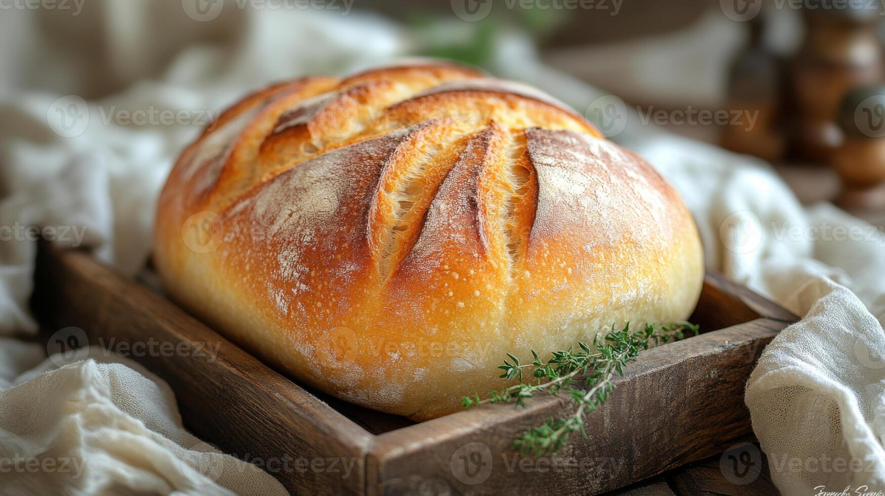 Loaf of freshly baked bread is placed in a rustic wooden tray. The bread features golden crust and is garnished with herbs, highlighting its homemade quality. photo