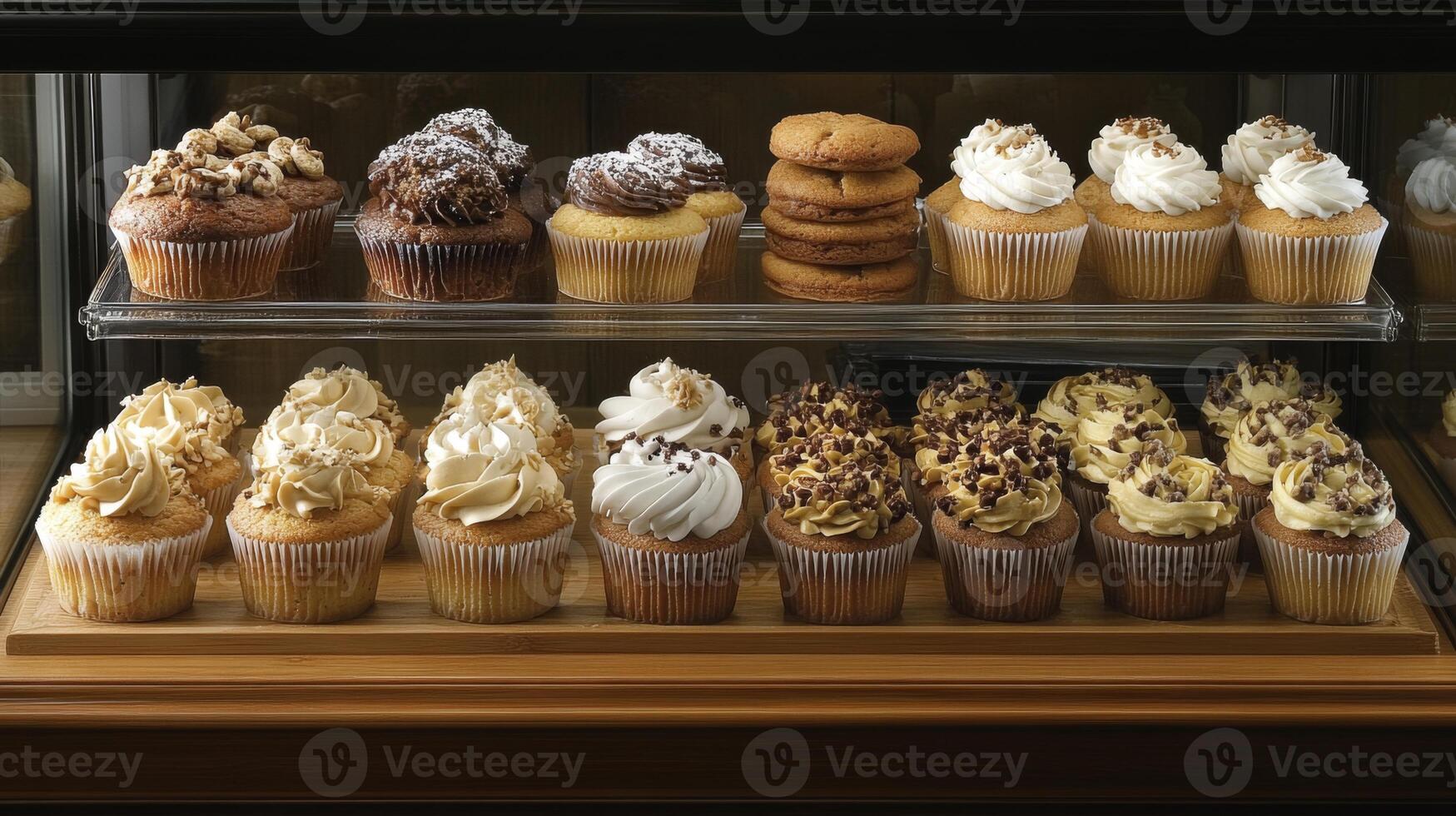 A vibrant display features assorted cupcakes topped with frosting and sprinkles, alongside freshly baked cookies. The selection includes rich flavors, enticing customers. photo
