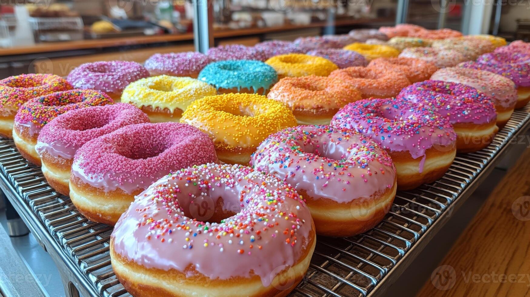 Freshly baked donuts in vibrant colors sit neatly on a cooling rack inside a bakery. Various flavored frosts and toppings create an appealing display, inviting sweet lovers to indulge. photo