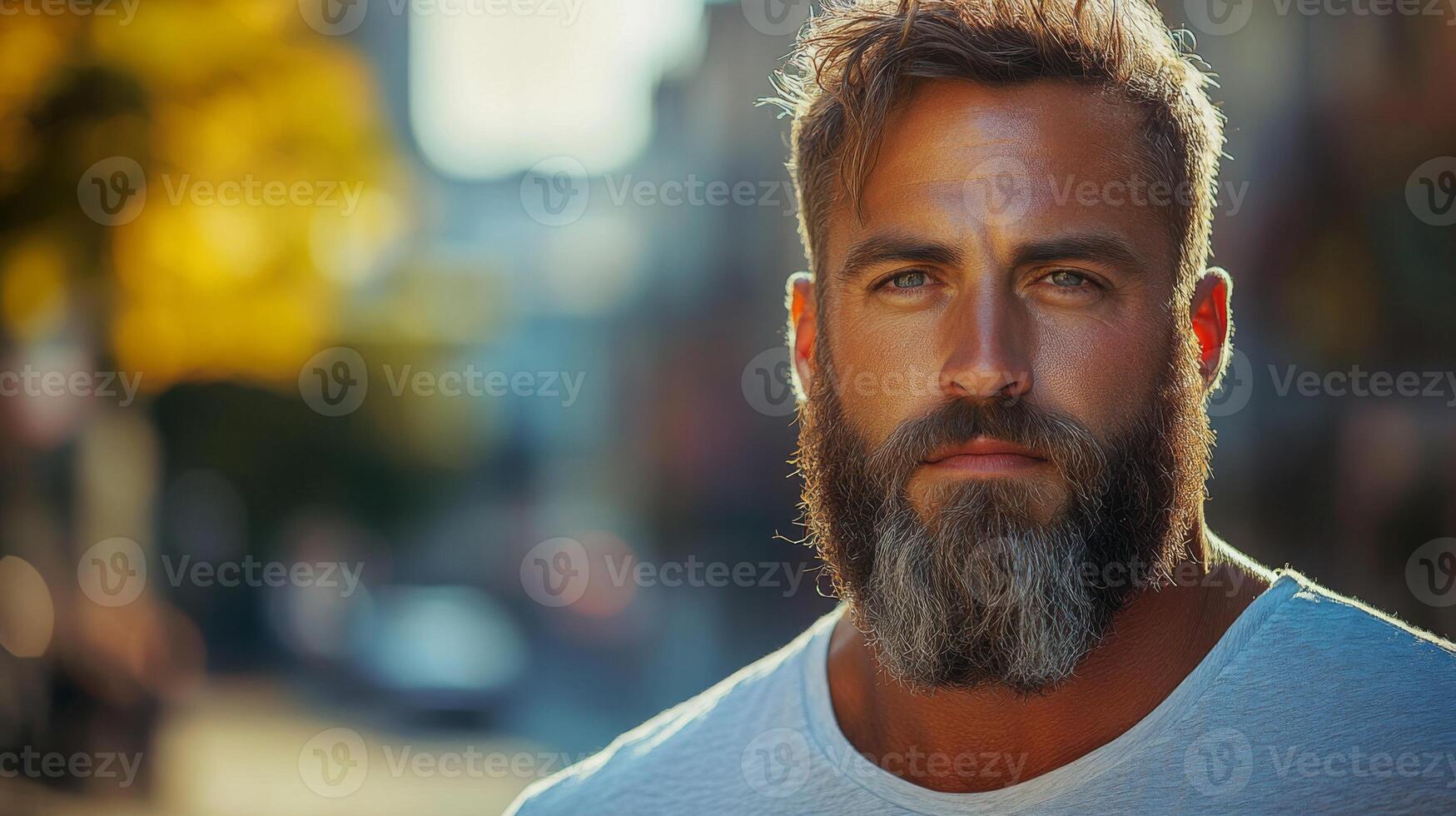A man with a well-groomed beard stands confidently in an urban setting during golden hour. The warm light enhances his striking features as he gazes forward. photo