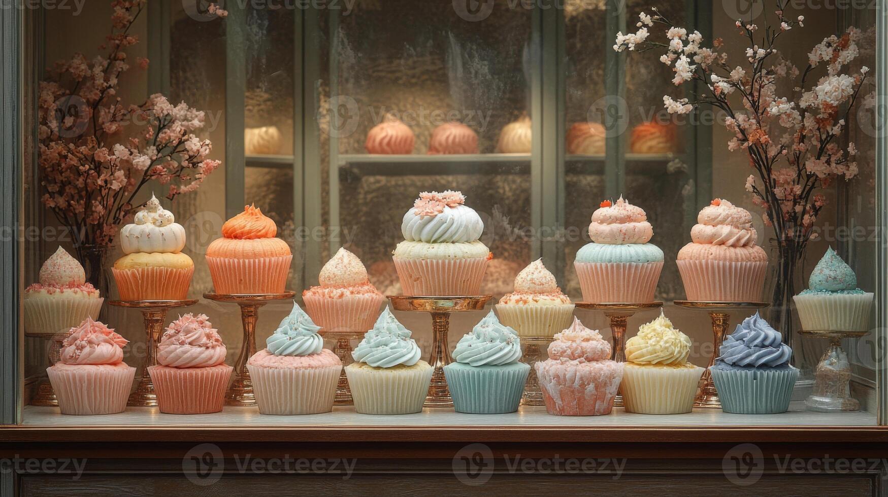 A variety of beautifully decorated cupcakes are arranged in a bakery window. The vibrant colors and floral accents create an inviting atmosphere during daylight. photo